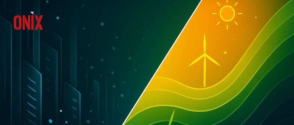 Minimalist digital illustration showing a diagonal split between abstract data centre infrastructure and renewable energy elements, symbolising the balance between technology and sustainability.