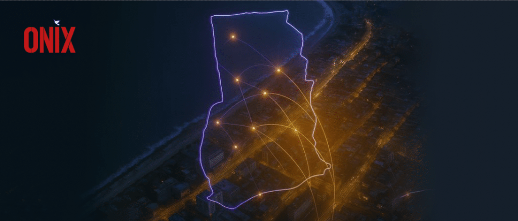 A digital map overlay of Ghana showing connected data nodes across a coastal cityscape, representing Ghana’s growing role in digital infrastructure.