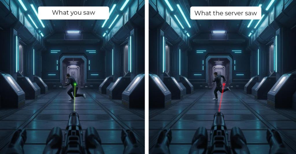 Two side-by-side gaming frames in a sci-fi corridor. Left panel shows the rival centred with a green aim marker. Right panel shows the rival a step ahead with a red aim marker, illustrating the server’s later position due to latency.