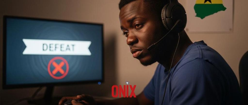 Disappointed Ghanaian gamer wearing a headset after an online match loss, “Defeat” screen blurred in the background.