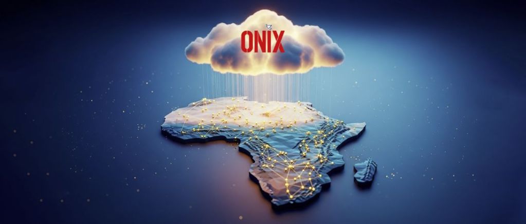 A glowing cloud hovering above a stylised African continent with golden data connections symbolising resilience and connectivity.