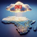 A glowing cloud hovering above a stylised African continent with golden data connections symbolising resilience and connectivity.