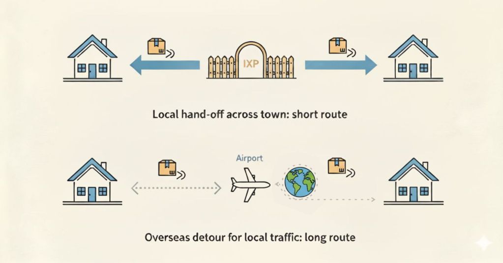 Two simple rows compare Internet routing: top shows a parcel going through a small ‘IXP’ gate directly between two houses; bottom shows the parcel detouring via an airport on a long dotted line.
