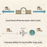 Two simple rows compare Internet routing: top shows a parcel going through a small ‘IXP’ gate directly between two houses; bottom shows the parcel detouring via an airport on a long dotted line.