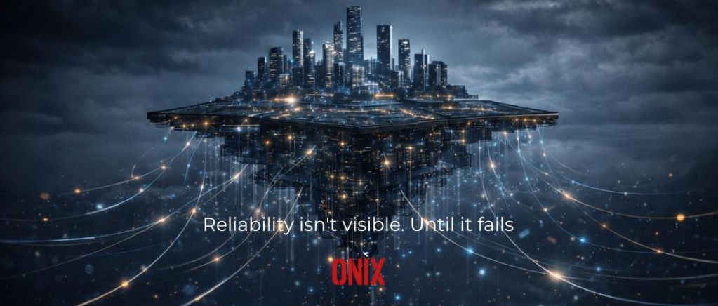 A city floating above hidden digital infrastructure, illustrating how reliable systems are invisible until they fail.