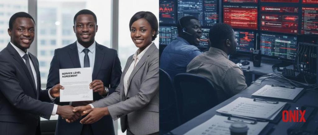A signed service level agreement contrasted with data centre operations staff monitoring systems in a control room.