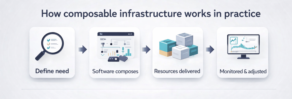 Four-step diagram: define need, software composes, resources delivered, monitored and adjusted.