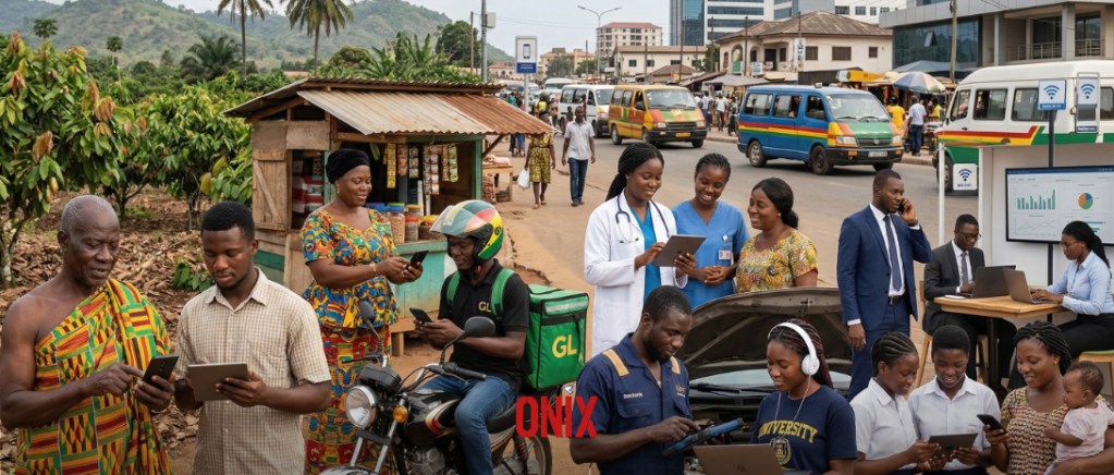 A cross-section of Ghanaian society including farmers, healthcare workers, mechanics, students, professionals and parents using digital tools in everyday life.