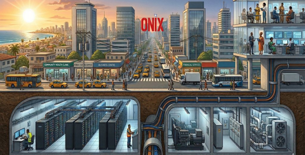 Cross-section illustration of a modern West African city with hidden data centre, fibre, power and cooling infrastructure beneath the surface