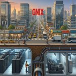 Cross-section illustration of a modern West African city with hidden data centre, fibre, power and cooling infrastructure beneath the surface