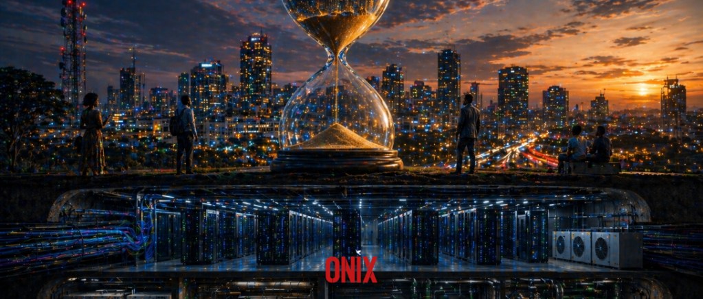Modern African city with an hourglass above hidden data centre infrastructure, representing the timing of digital infrastructure decisions.