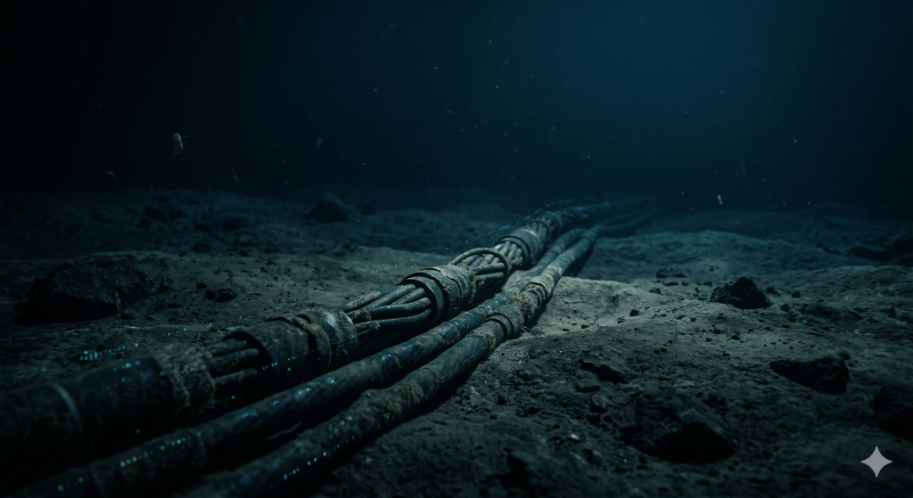 Undersea submarine cables resting on the seabed, representing the physical infrastructure behind global digital services.