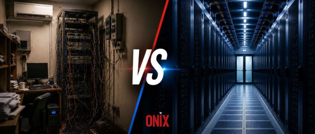 Comparison between an office server room and a professional data centre for secure colocation in Ghana.