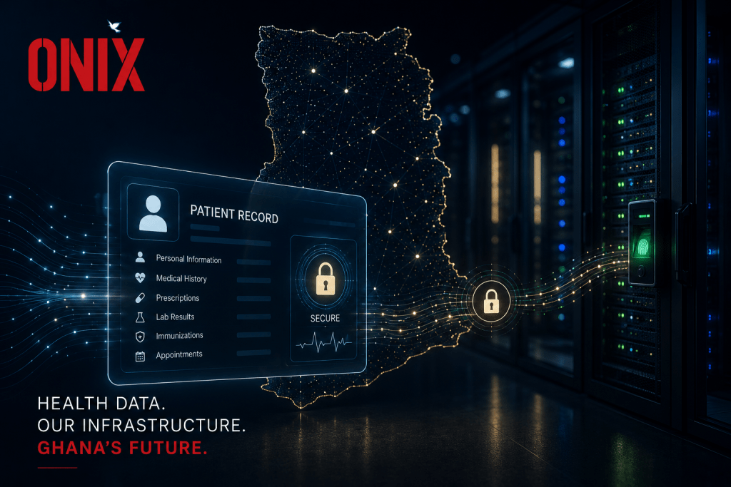 Secure Ghana health data visualisation connected to ONIX data centre infrastructure.