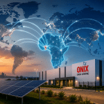 Onix data centre in Africa connected to global digital infrastructure networks, with solar panels and data routes linking Africa to the world.