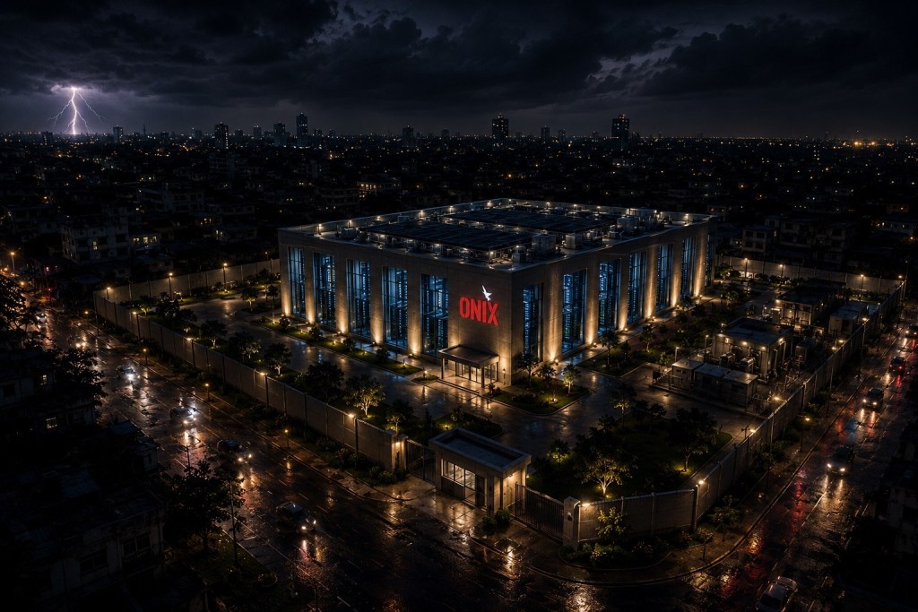 A city experiences a widespread power outage while a Tier IV data centre remains fully operational, symbolising resilient digital infrastructure.
