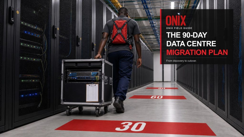 Data-centre engineer moving network equipment through the 30, 60 and 90-day stages of a migration plan.