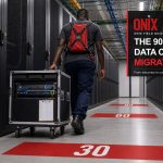 Data-centre engineer moving network equipment through the 30, 60 and 90-day stages of a migration plan.