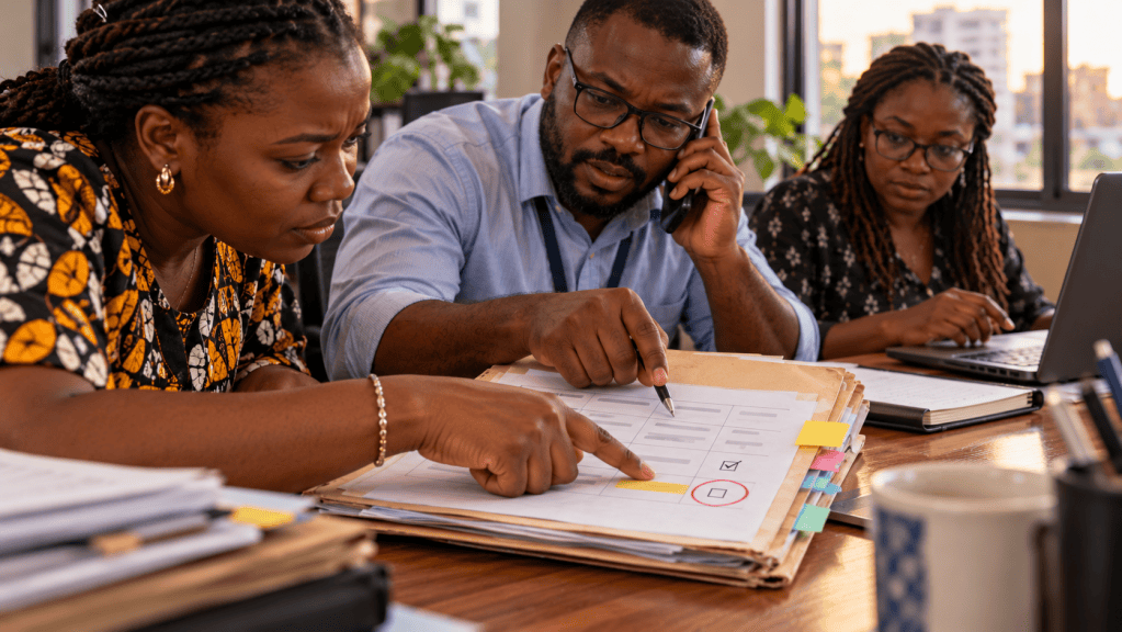 Three colleagues review an unchecked action while one calls a provider and another works at a laptop